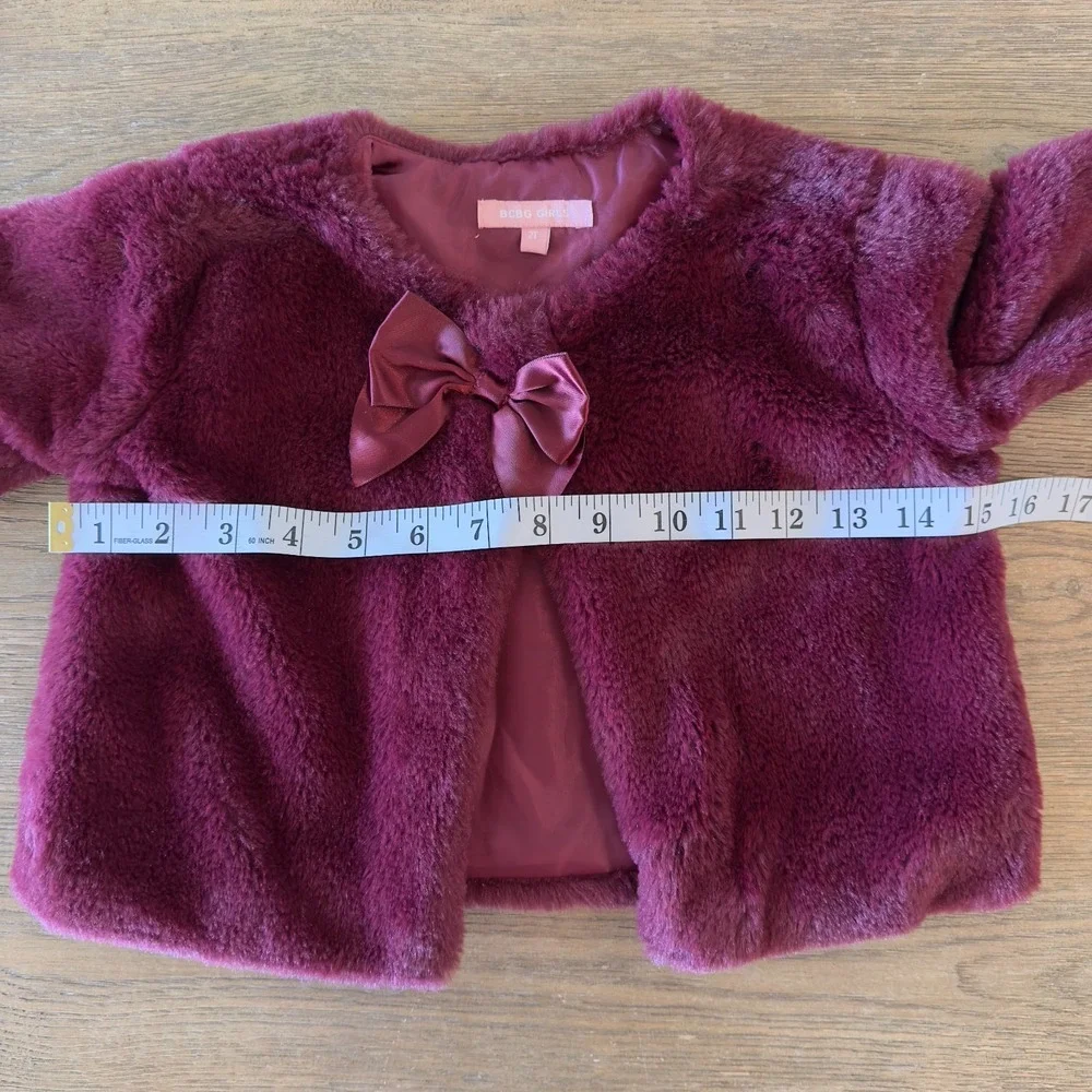 BCBG Little‎ Girls' Faux Fur Dressy Cropped Jacket With Bow-Maroon Red-Size 2T